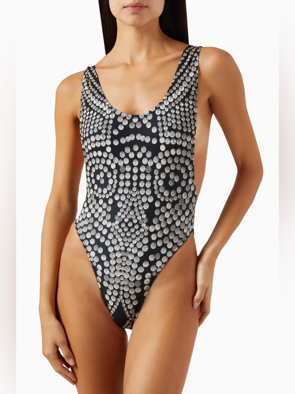 Norma Kamali Marissa Stud Print One Piece Swimsuit Black Size M